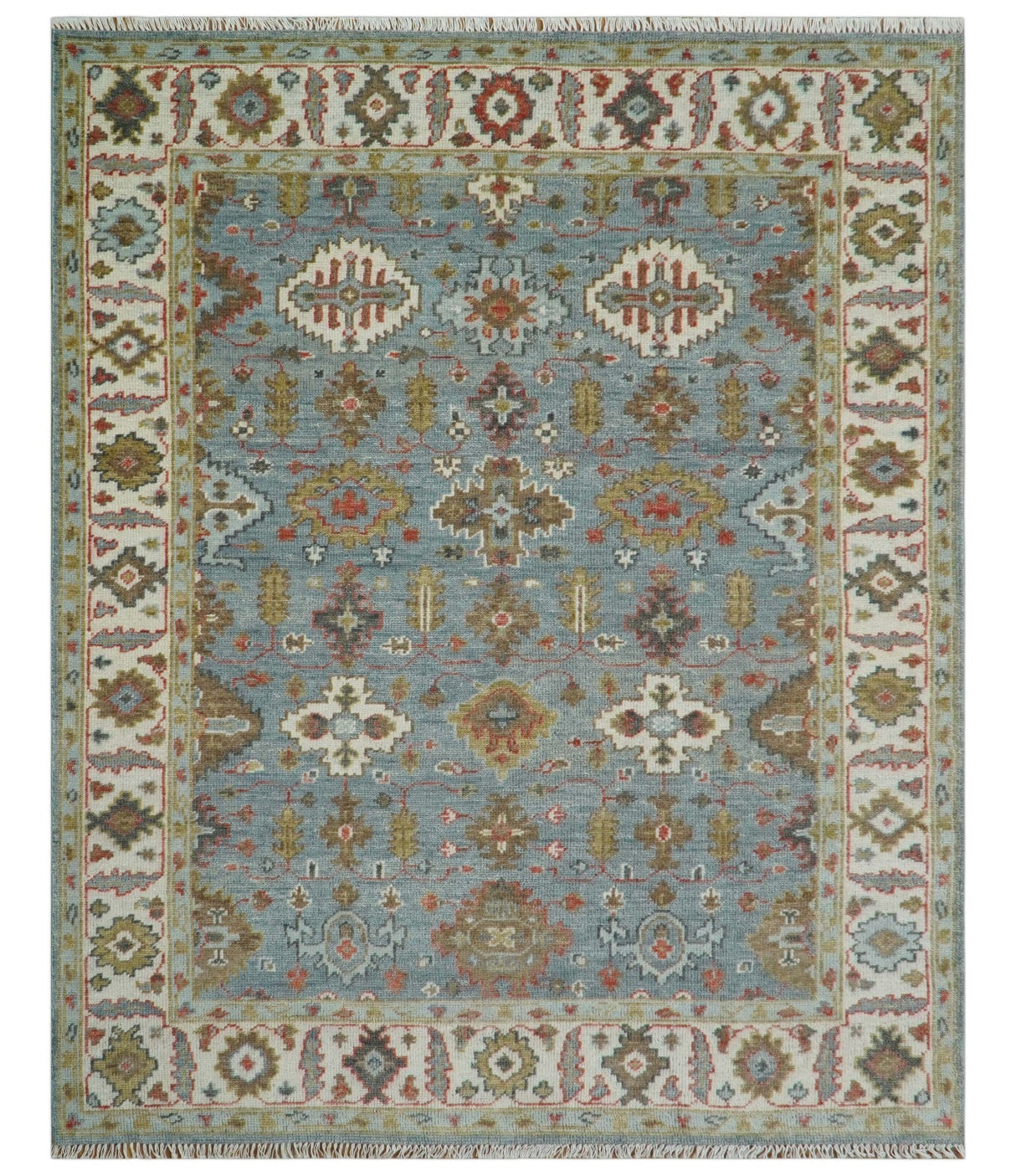 Custom Made Blue And Beige Traditional Hand Knotted Wool Area Rug