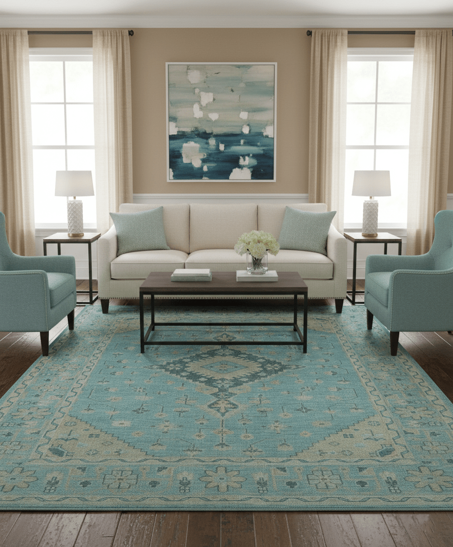 Custom Made Blue And Beige Turkish Design Hand knotted Wool Area Rug