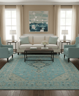 Custom Made Blue And Beige Turkish Design Hand knotted Wool Area Rug