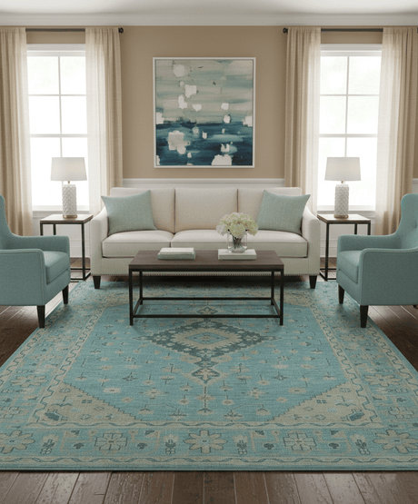 Custom Made Blue And Beige Turkish Design Hand knotted Wool Area Rug