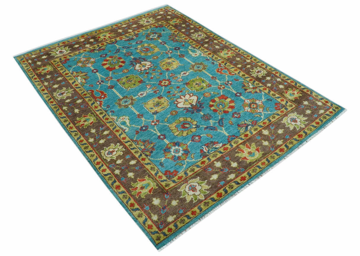 Custom Made Blue And Brown Traditional Floral Hand Knotted Wool Rug