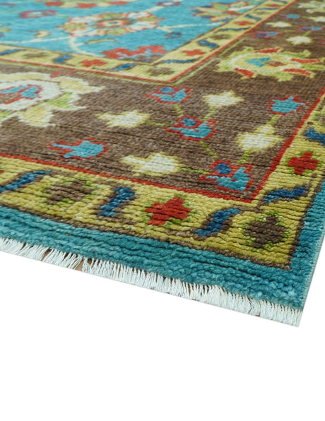 Custom Made Blue And Brown Traditional Floral Hand Knotted Wool Rug