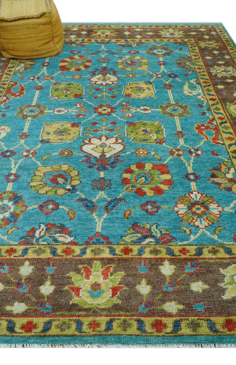 Custom Made Blue And Brown Traditional Floral Hand Knotted Wool Rug