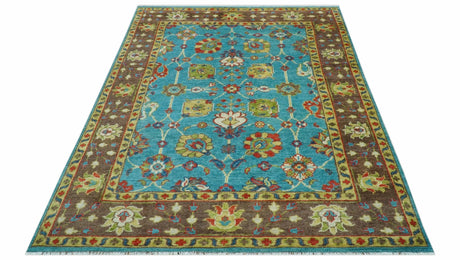 Custom Made Blue And Brown Traditional Floral Hand Knotted Wool Rug