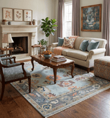Custom Made Blue and Gray Hand Knotted Traditional Oushak Wool Area Rug