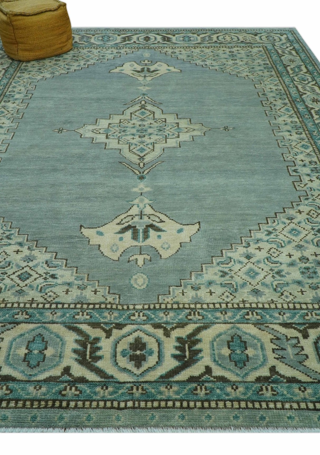 Custom Made Blue And Gray Traditional Medallion Hand Knotted Wool Rug