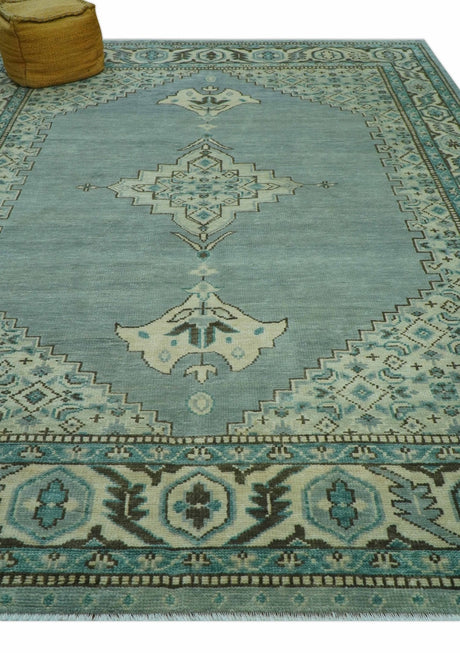 Custom Made Blue And Gray Traditional Medallion Hand Knotted Wool Rug