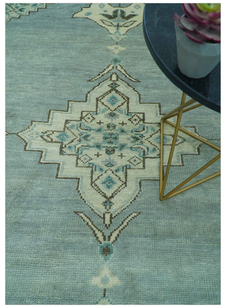 Custom Made Blue And Gray Traditional Medallion Hand Knotted Wool Rug