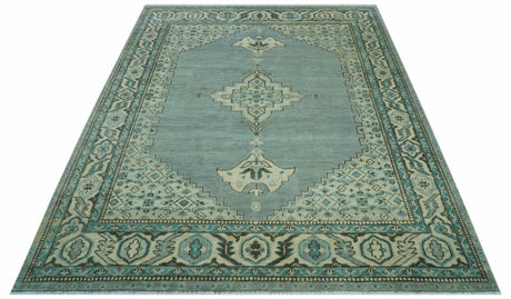 Custom Made Blue And Gray Traditional Medallion Hand Knotted Wool Rug