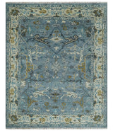 Custom Made Blue and Ivory Antique Style Hand knotted Oriental Oushak wool Area Rug