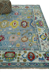 Custom Made Blue and Ivory colorful Hand knotted Oushak wool Area Rug