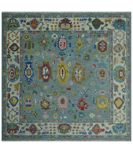 Custom Made Blue and Ivory colorful Hand knotted Oushak wool Area Rug