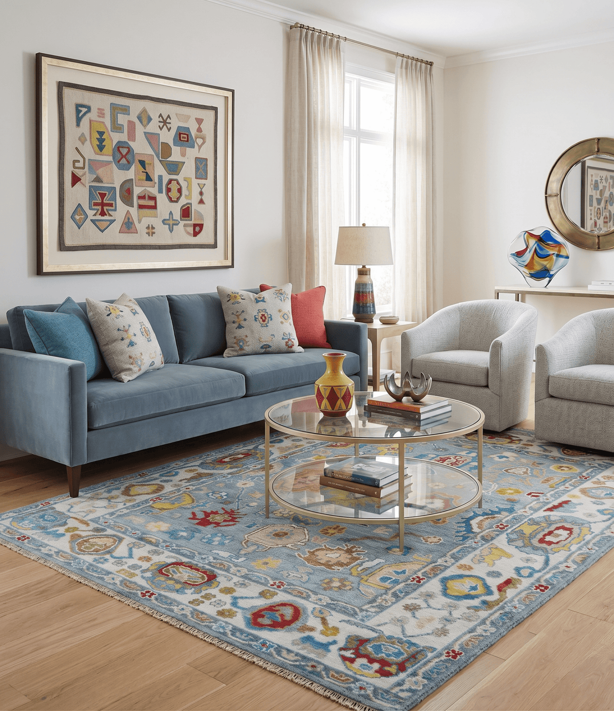 Custom Made Blue and Ivory colorful Hand knotted Oushak wool Area Rug