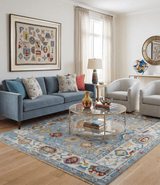 Custom Made Blue and Ivory colorful Hand knotted Oushak wool Area Rug