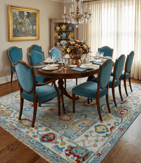 Custom Made Blue and Ivory colorful Hand knotted Oushak wool Area Rug