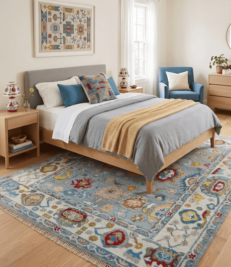 Custom Made Blue and Ivory colorful Hand knotted Oushak wool Area Rug