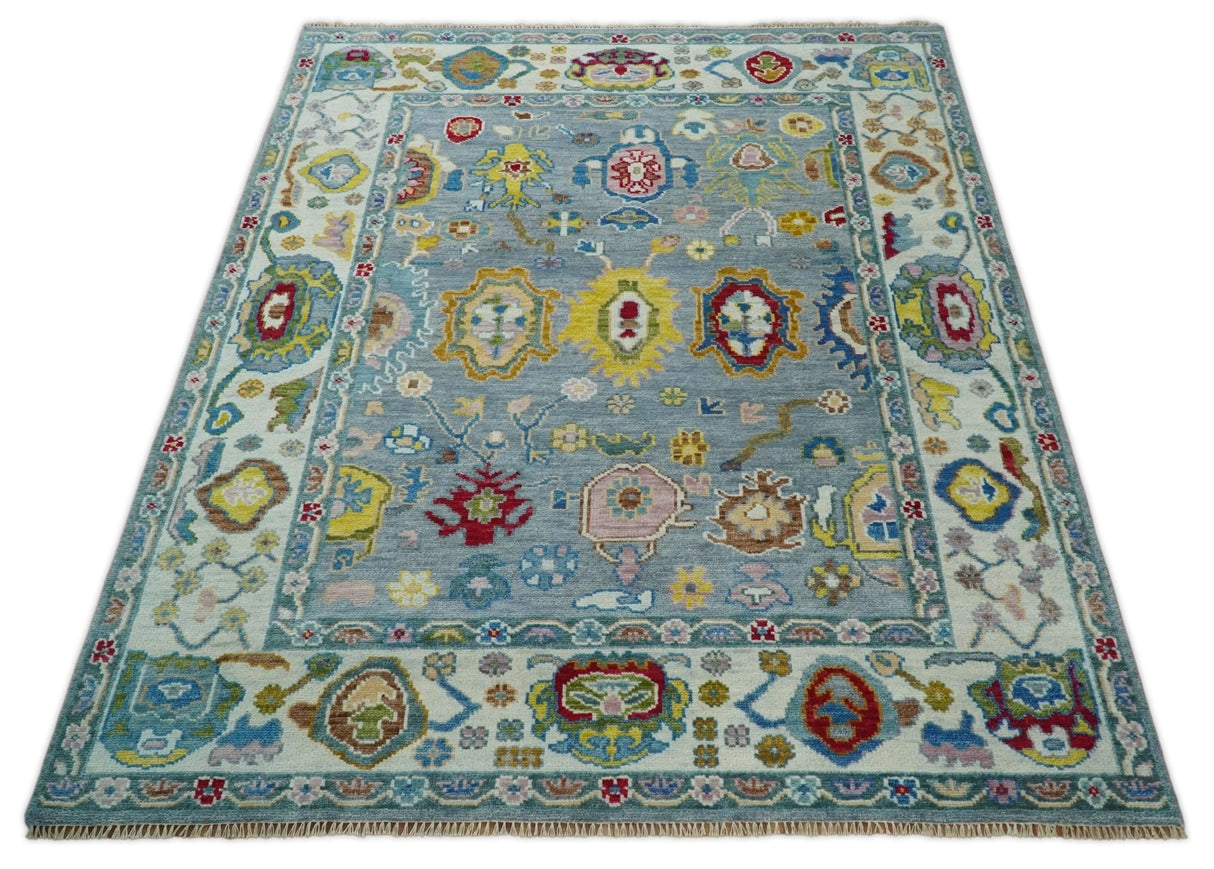 Custom Made Blue and Ivory colorful Hand knotted Oushak wool Area Rug