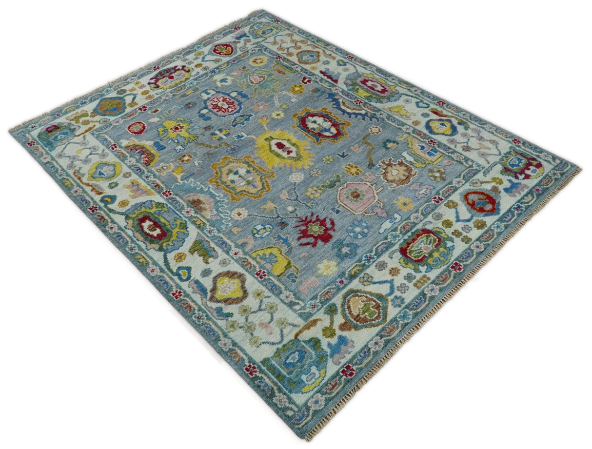 Custom Made Blue and Ivory colorful Hand knotted Oushak wool Area Rug