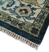 Custom Made Blue and Ivory Hand Knotted Medallion Design Wool Area Rug