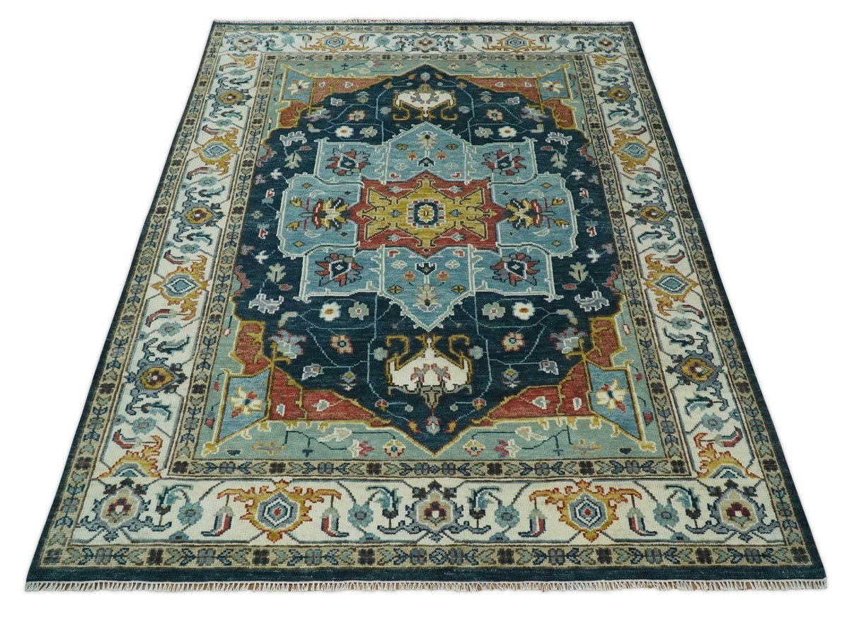 Custom Made Blue and Ivory Hand Knotted Medallion Design Wool Area Rug