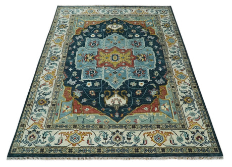 Custom Made Blue and Ivory Hand Knotted Medallion Design Wool Area Rug