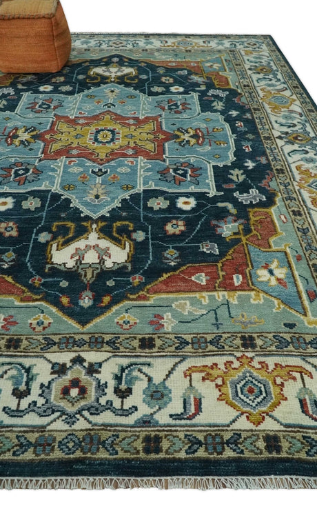 Custom Made Blue and Ivory Hand Knotted Medallion Design Wool Area Rug