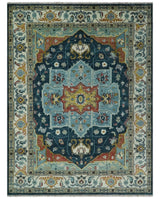 Custom Made Blue and Ivory Hand Knotted Medallion Design Wool Area Rug