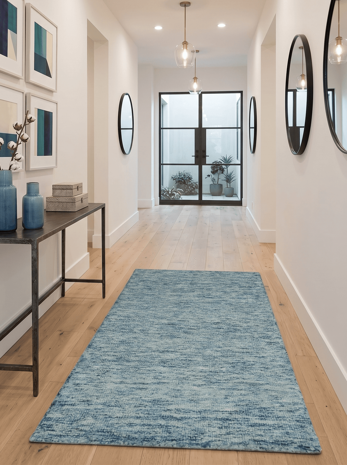Custom Made Blue and Ivory Solid Wool Hand Woven Area Rug