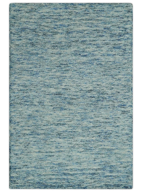 Custom Made Blue and Ivory Solid Wool Hand Woven Area Rug