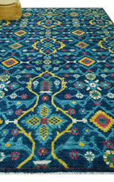 Custom Made Blue And Mustard Traditional Floral Motifs Hand Knotted Wool Rug