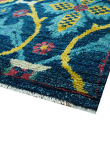 Custom Made Blue And Mustard Traditional Floral Motifs Hand Knotted Wool Rug