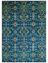 Custom Made Blue And Mustard Traditional Floral Motifs Hand Knotted Wool Rug