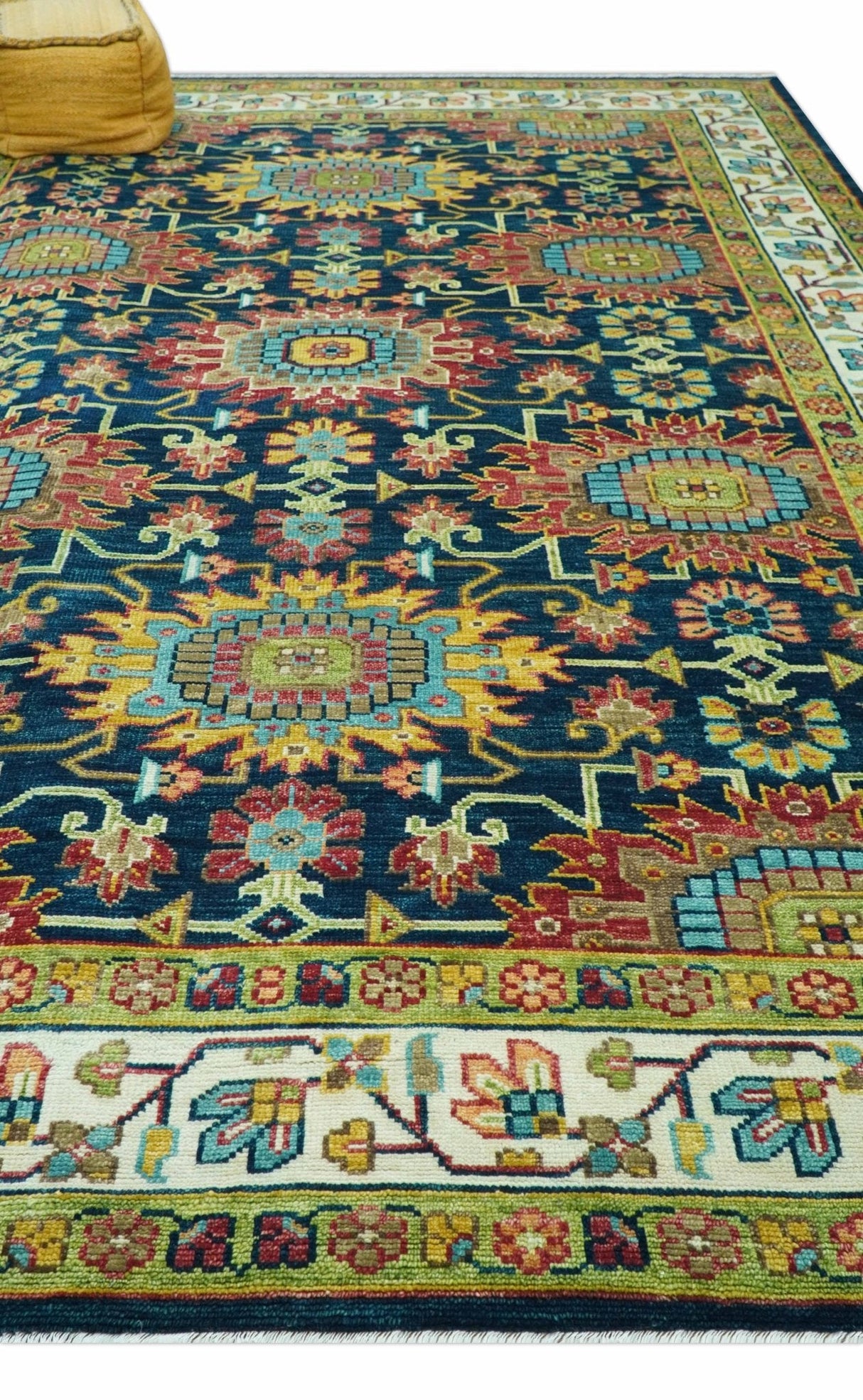 Custom Made Blue And Olive Traditional Medallion Hand Knotted Wool Rug