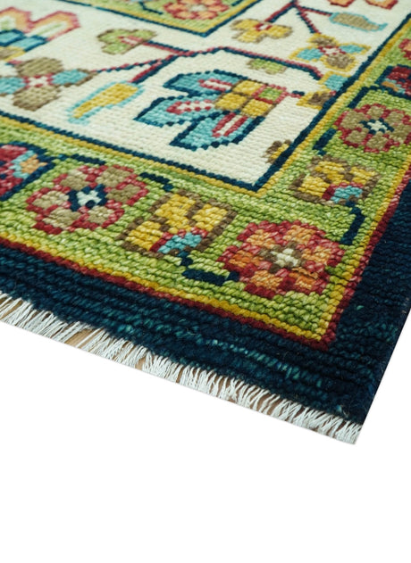 Custom Made Blue And Olive Traditional Medallion Hand Knotted Wool Rug
