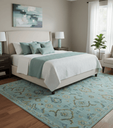 Custom Made Blue And Olive Traditional Oriental Design Hand knotted Wool Area Rug