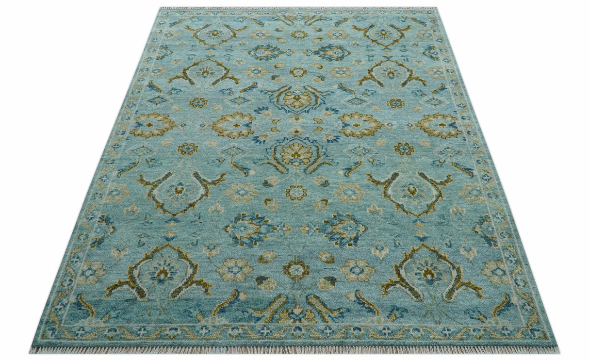 Custom Made Blue And Olive Traditional Oriental Design Hand knotted Wool Area Rug