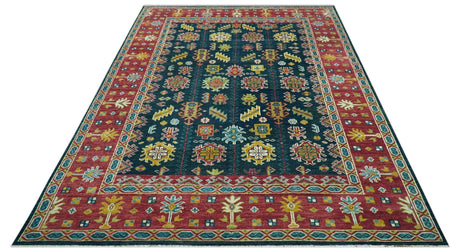 Custom Made Blue And Red Traditional Tribal Design Hand Knotted Wool Rug