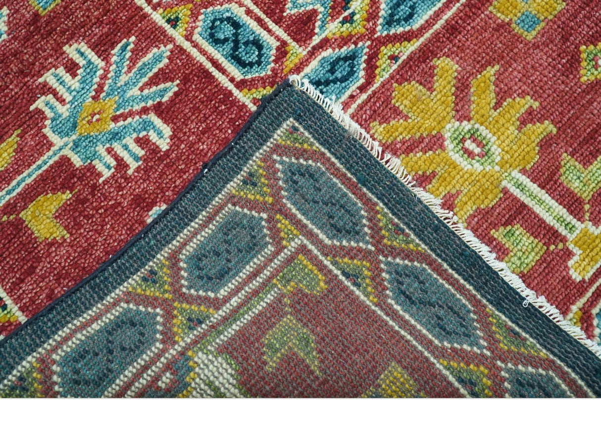 Custom Made Blue And Red Traditional Tribal Design Hand Knotted Wool Rug