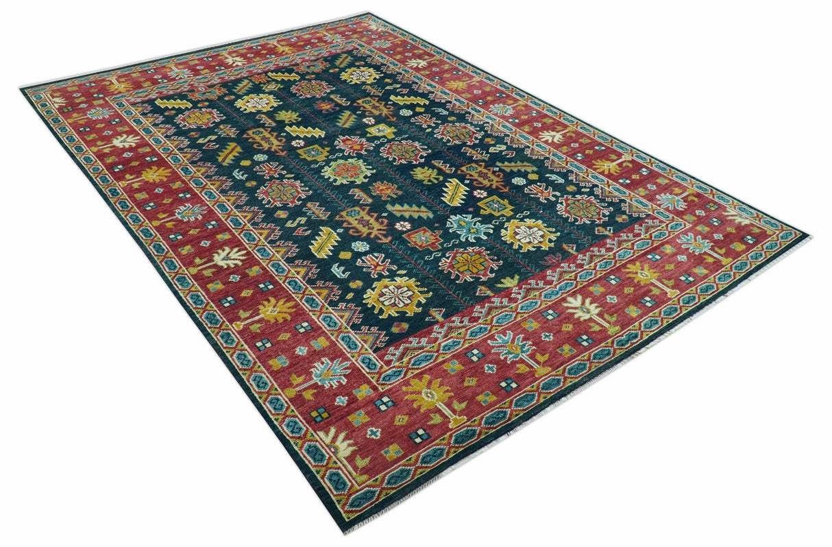 Custom Made Blue And Red Traditional Tribal Design Hand Knotted Wool Rug