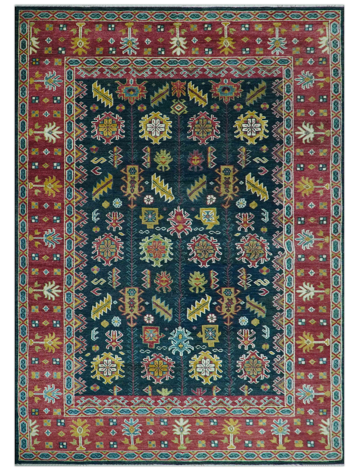Custom Made Blue And Red Traditional Tribal Design Hand Knotted Wool Rug