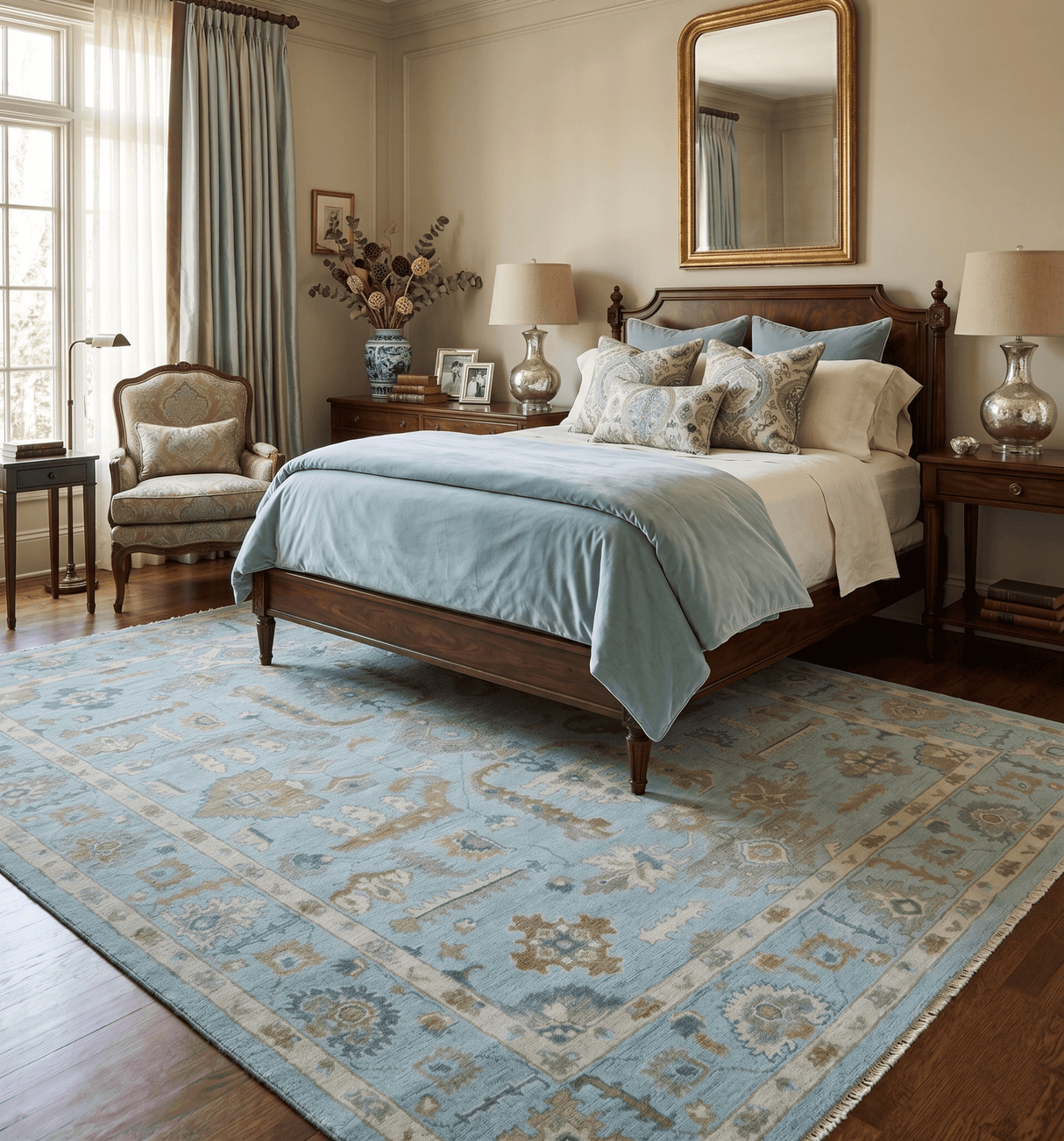 Custom Made Blue, Brown and Ivory Hand knotted Traditional Oushak Wool Rug