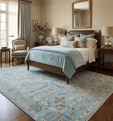 Custom Made Blue, Brown and Ivory Hand knotted Traditional Oushak Wool Rug