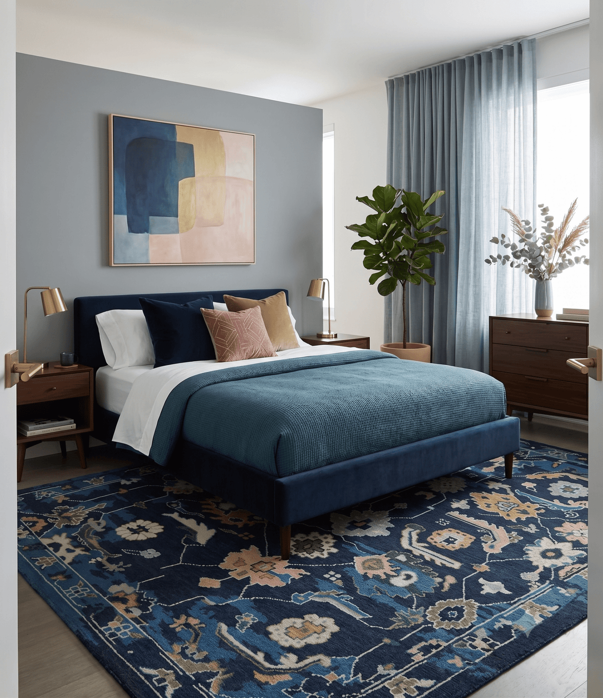 Custom Made Blue, Camel and Ivory Traditional Oriental Oushak wool Area Rug