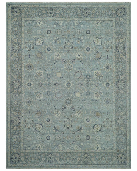 Custom Made Blue Traditional distressed design Hand knotted Wool Area Rug
