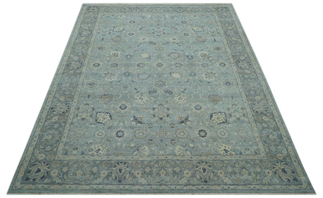 Custom Made Blue Traditional distressed design Hand knotted Wool Area Rug