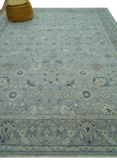 Custom Made Blue Traditional distressed design Hand knotted Wool Area Rug