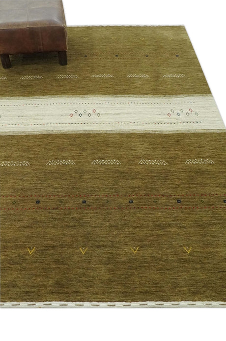 Custom Made Brown and Ivory Geometrical Stripes Design wool Area Rug