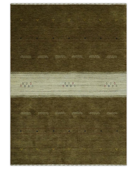 Custom Made Brown and Ivory Geometrical Stripes Design wool Area Rug