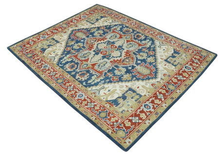 Custom Made Brown, Blue, Ivory and Olive Hand knotted Traditional Heriz Medallion Wool Area Rug