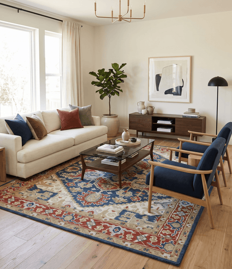Custom Made Brown, Blue, Ivory and Olive Hand knotted Traditional Heriz Medallion Wool Area Rug